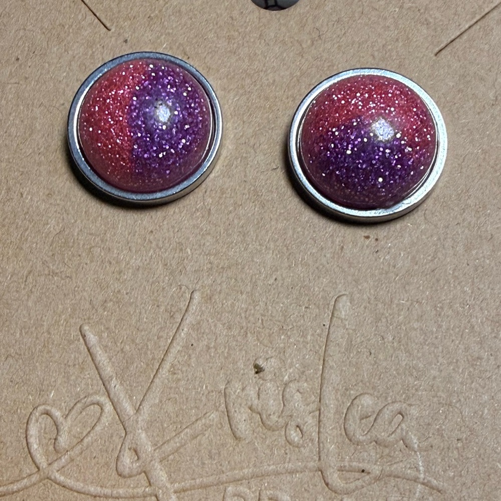 Resin Dome Stud Earrings in Pink and Purple Glitter